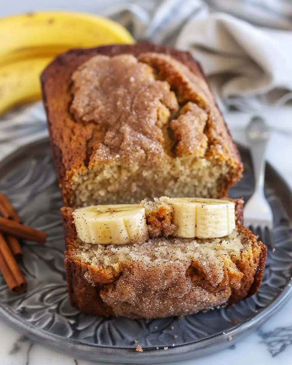 Sliced snickerdoodle banana bread showing moist texture and cinnamon sugar topping