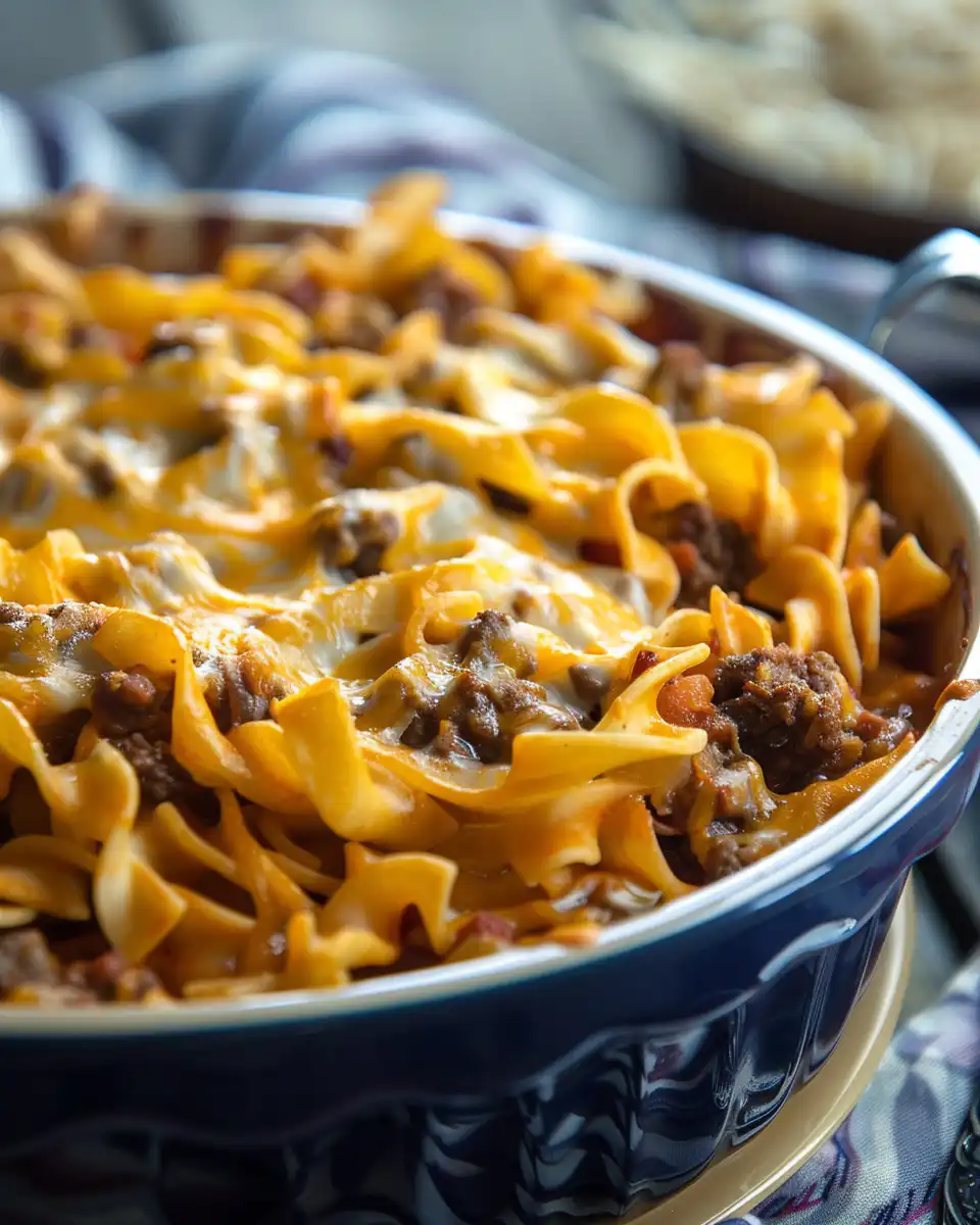 Ingredients for sour cream beef noodle casserole including ground beef and cheeses