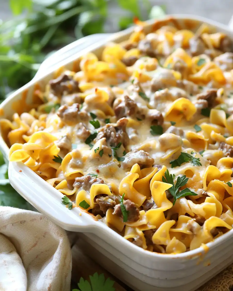 Golden baked sour cream beef noodle casserole with bubbly cheese topping ready to serve