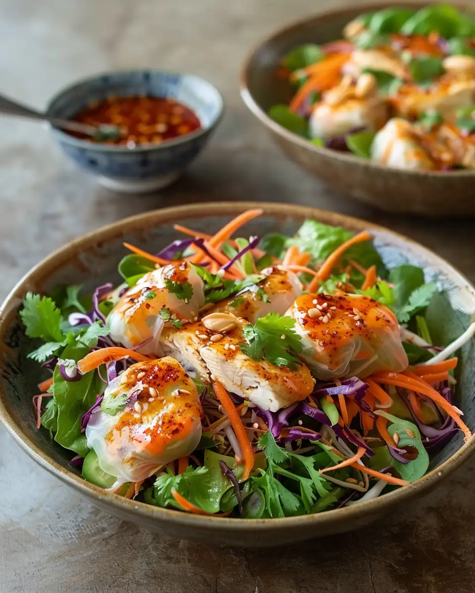 Close up of finished spicy peanut ginger salad topped with peanuts and sesame seeds ready to serve