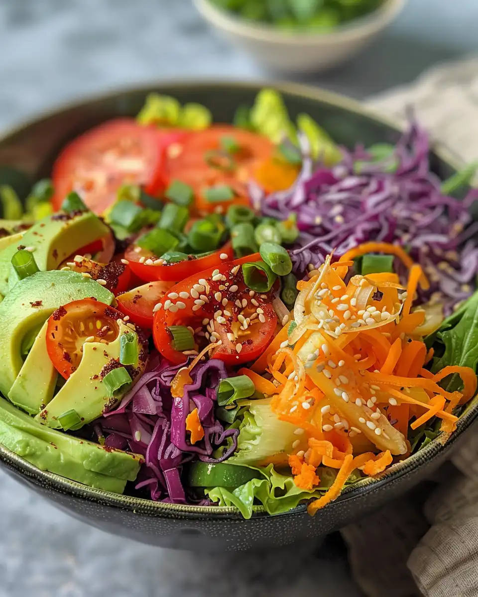 Fresh spring roll salad with spicy peanut ginger dressing in bowl