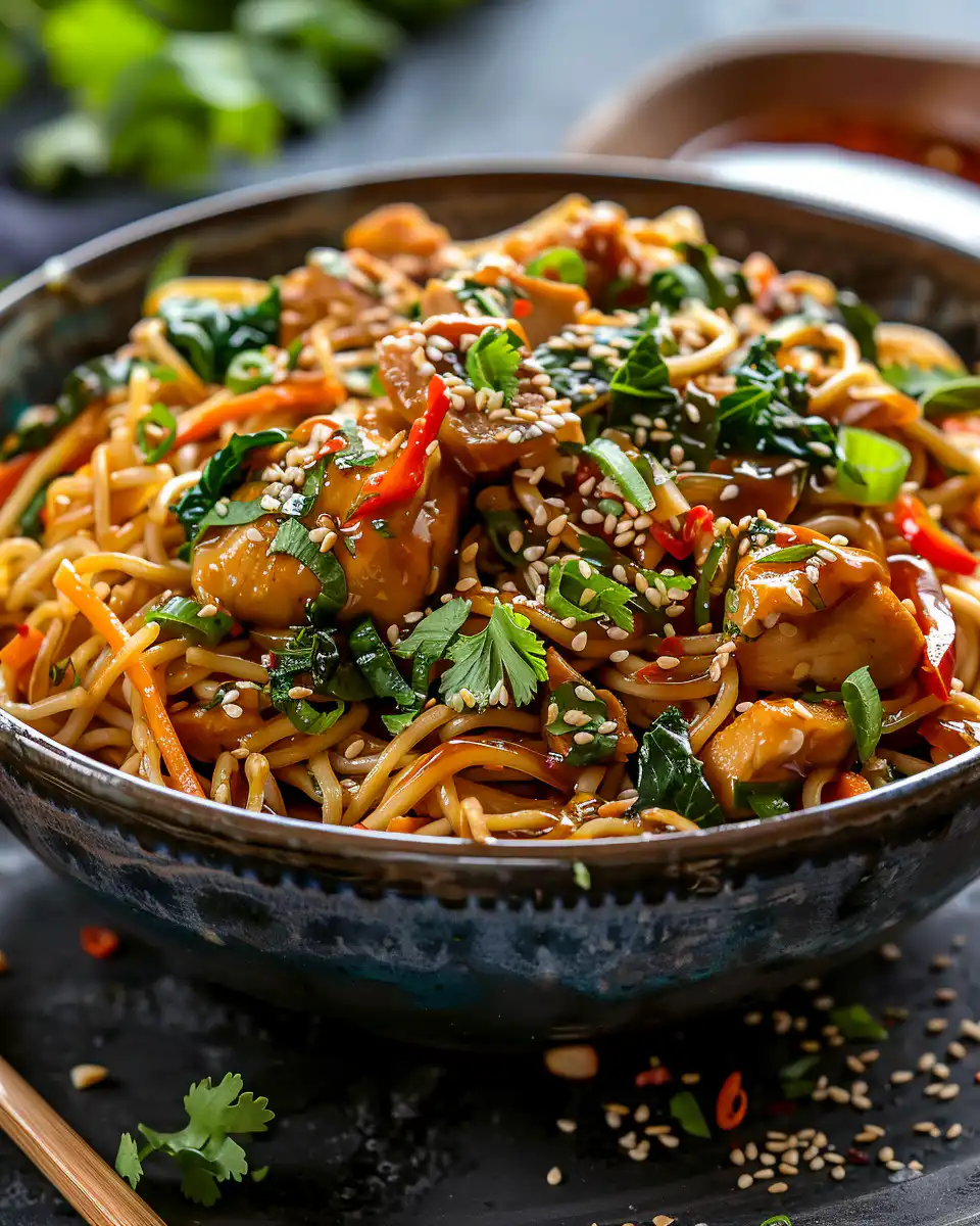 Close-up of sticky garlic chicken noodles ingredients and sauce details
