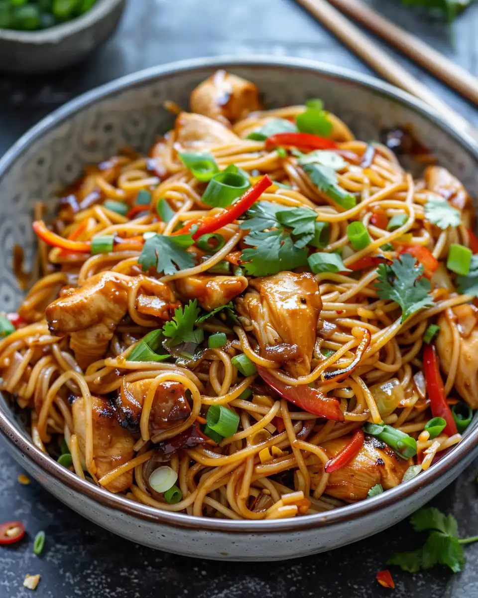 Final plated sticky garlic chicken noodles served with fresh basil garnish