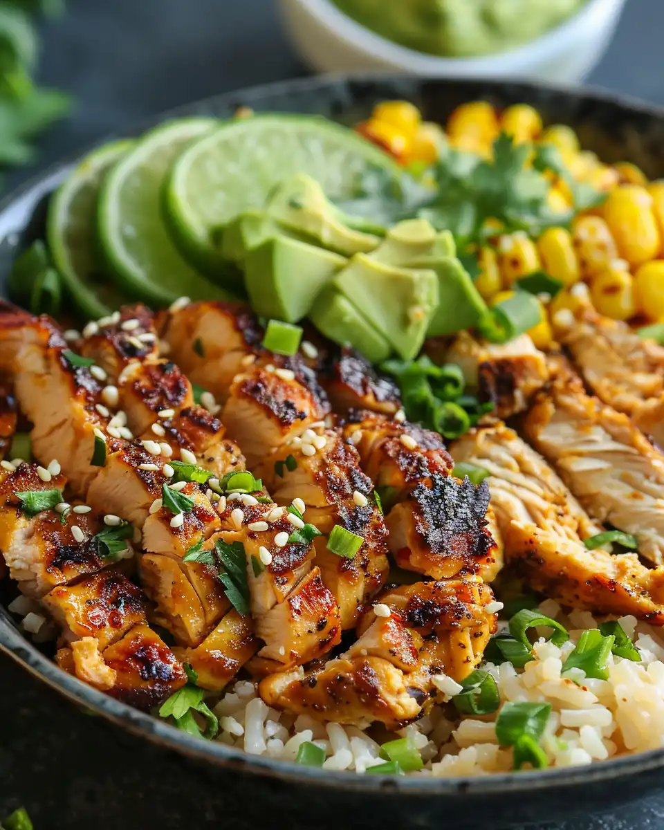 Close up of seasoning and charred corn for street corn chicken bowl