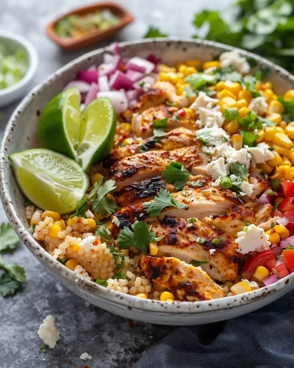 Final served street corn chicken bowl with avocado and cotija cheese
