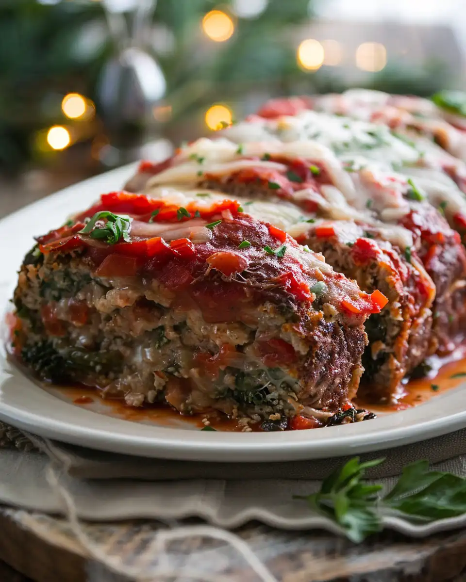 Finished sliced stuffed Italian meatloaf with marinara sauce on plate
