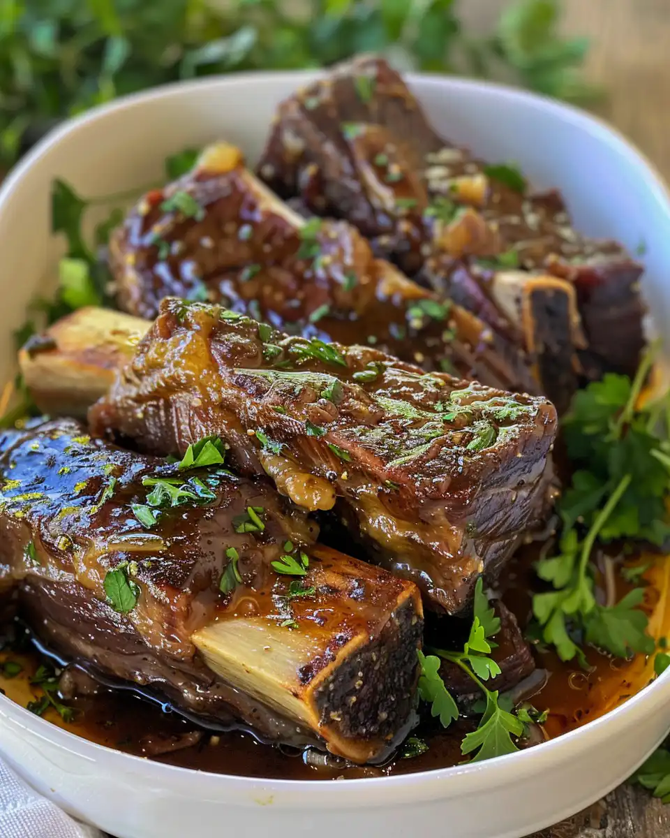 Rich steam rising from slow cooker with beef short ribs