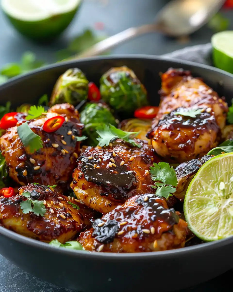 Close up of ingredients and details for sweet chili Brussels sprouts in air fryer bowl