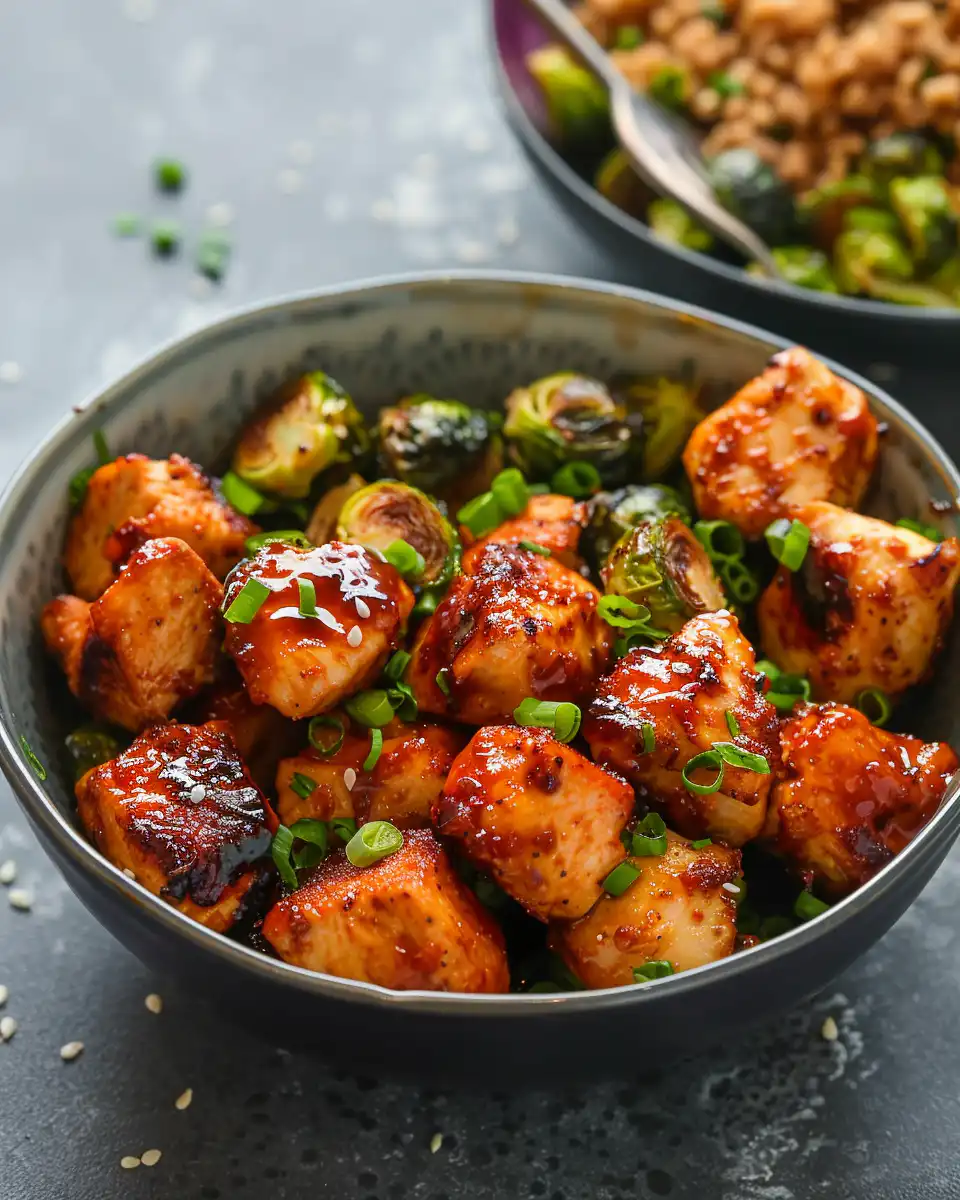 Final served sweet chili chicken and Brussels sprouts air fryer bowl
