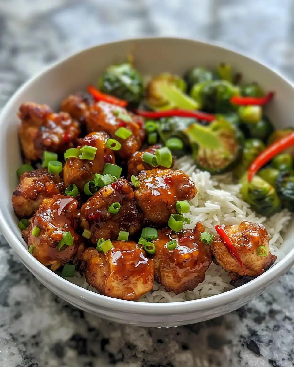 Sweet chili chicken and Brussels sprouts in an air fryer bowl, fresh and ready