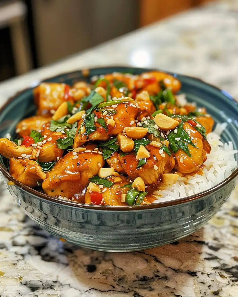 Finished sweet chili chicken plated with sesame seed and green onion garnish