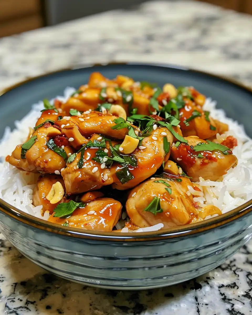 Sweet chili chicken cooking in pressure cooker with steam valve hissing