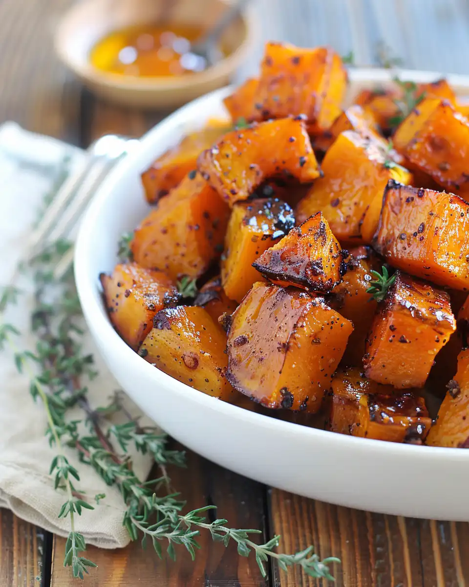 Close-up of butter, brown sugar, and spices coating butternut squash cubes