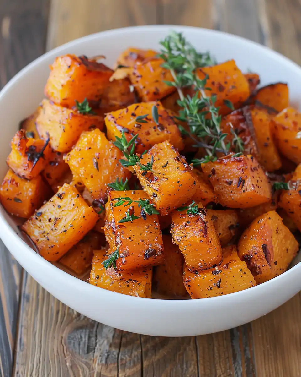 Roasted brown sugar glazed butternut squash with caramelized edges and chopped nuts on top