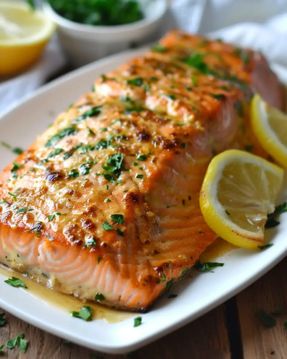 Perfectly cooked salmon with crispy skin, garlic butter, and lemon garnish