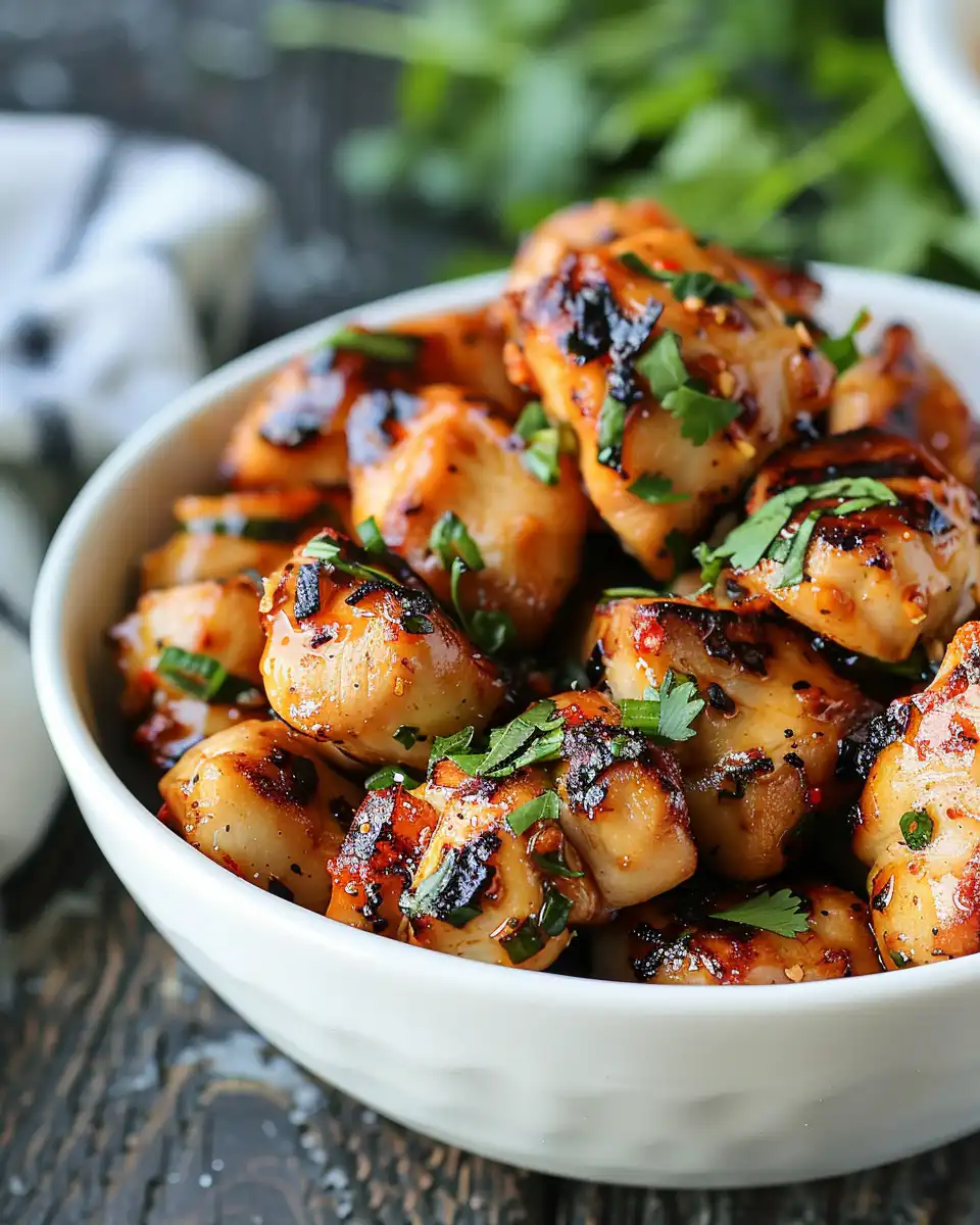 Final plated Thai chicken bites coated in sweet chili sauce