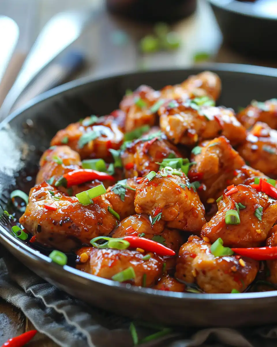 Final plated Thai sweet chili chicken garnished and ready to eat