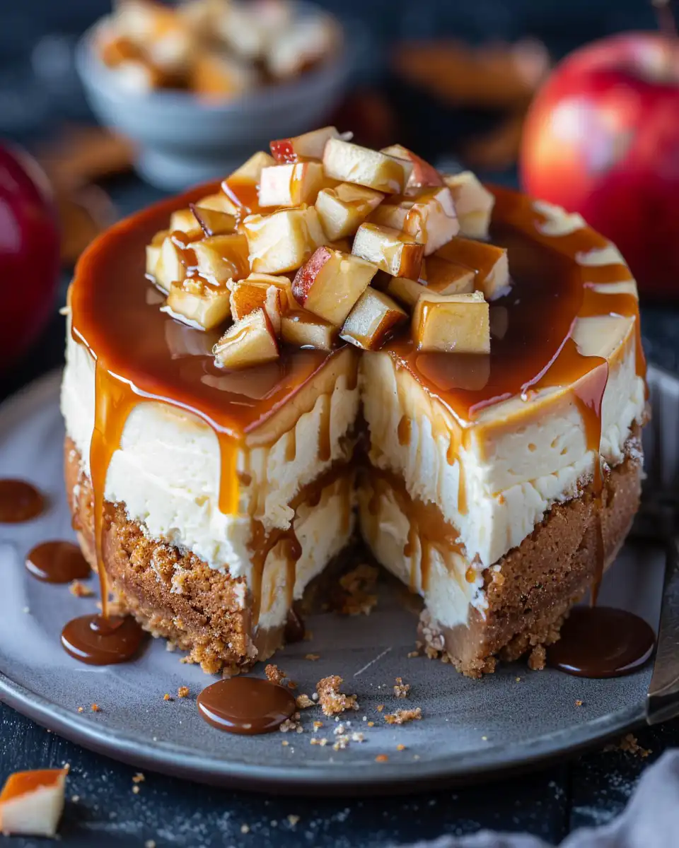 Slice of caramel apple cheesecake with streusel topping and caramel drizzle
