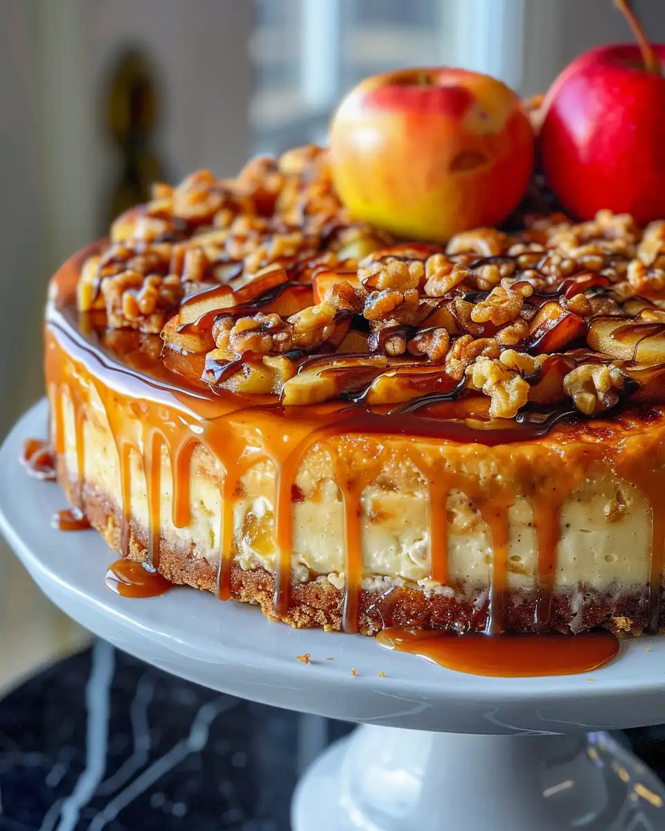 Creamy caramel apple cheesecake pie in pressure cooker ready to enjoy