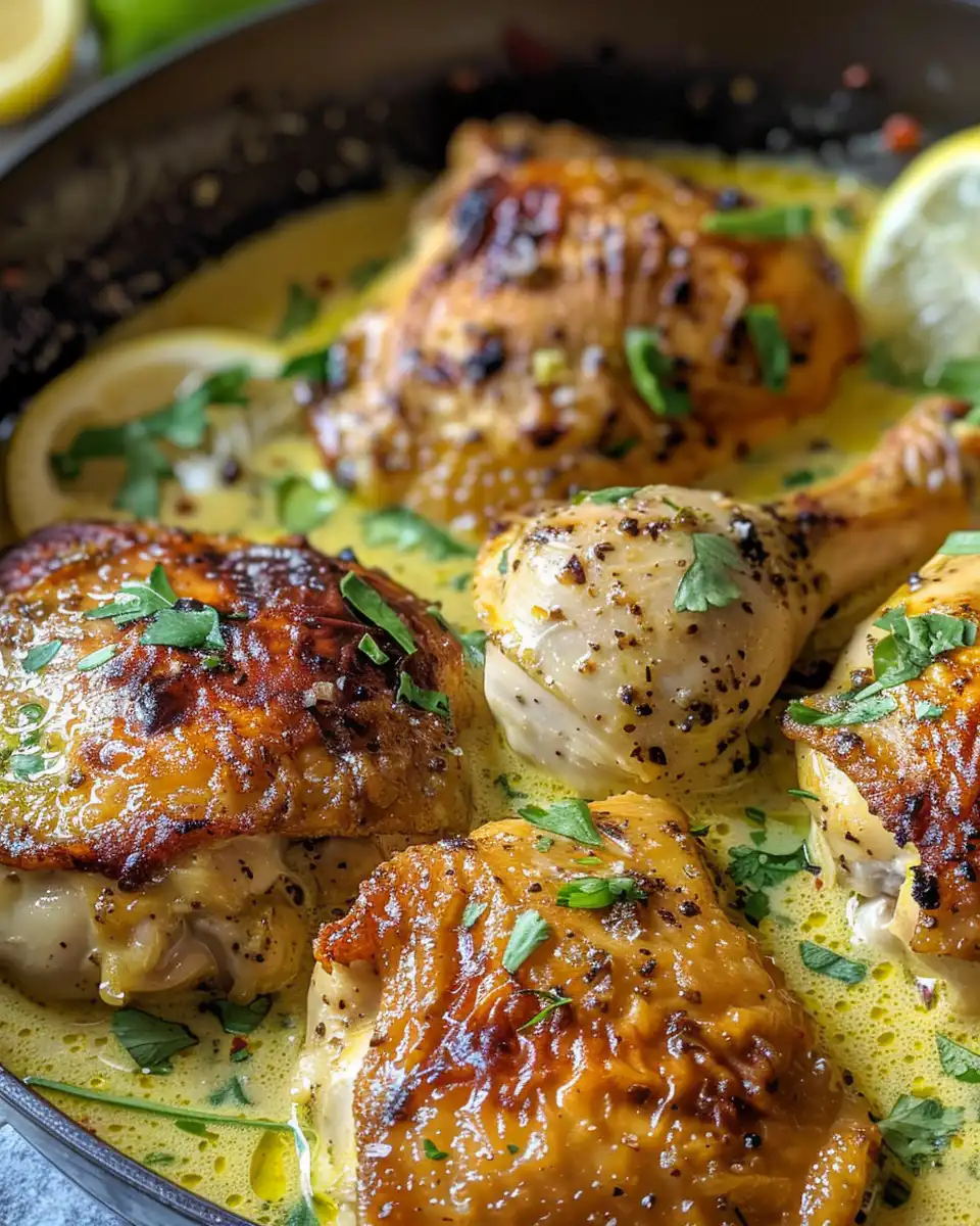 Finished creamy coconut lime chicken plated and garnished with cilantro and lime slices
