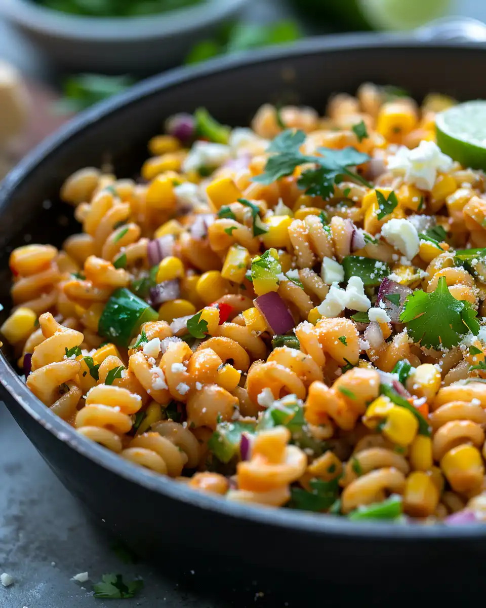 Ingredients and seasoning details of Mexican street corn pasta salad in bowl