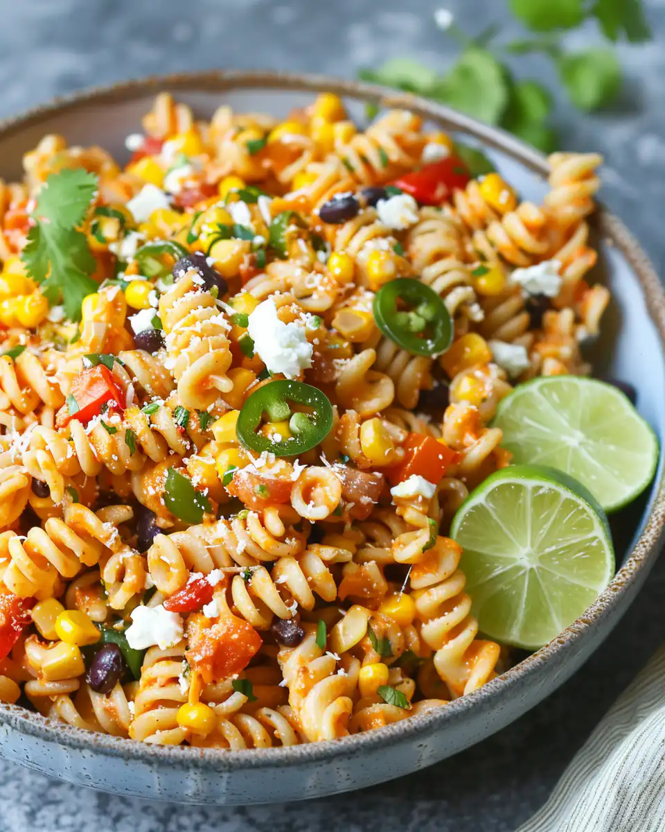 Ready-to-eat Mexican street corn pasta salad served in rustic bowl