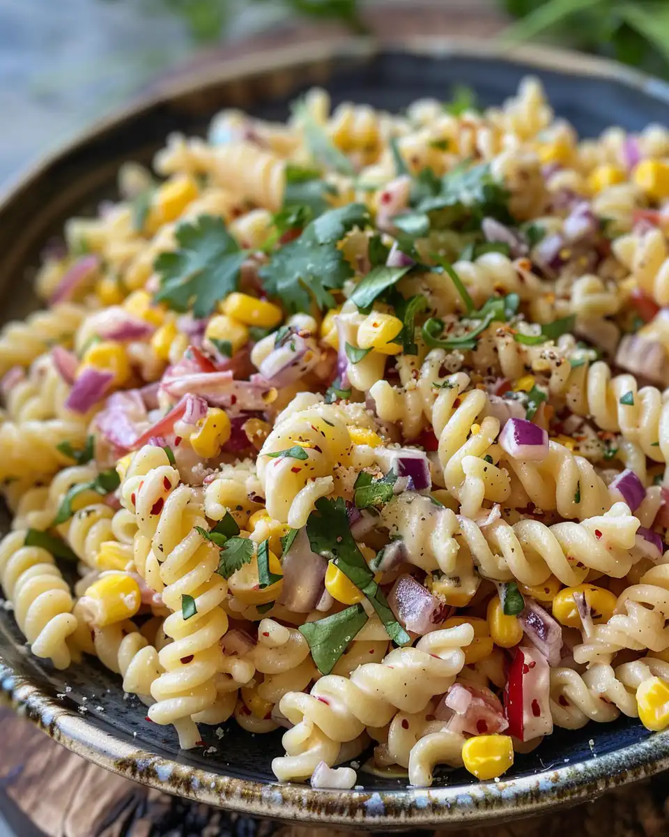 Close-up of Mexican street corn pasta salad fresh and vibrant in bowl