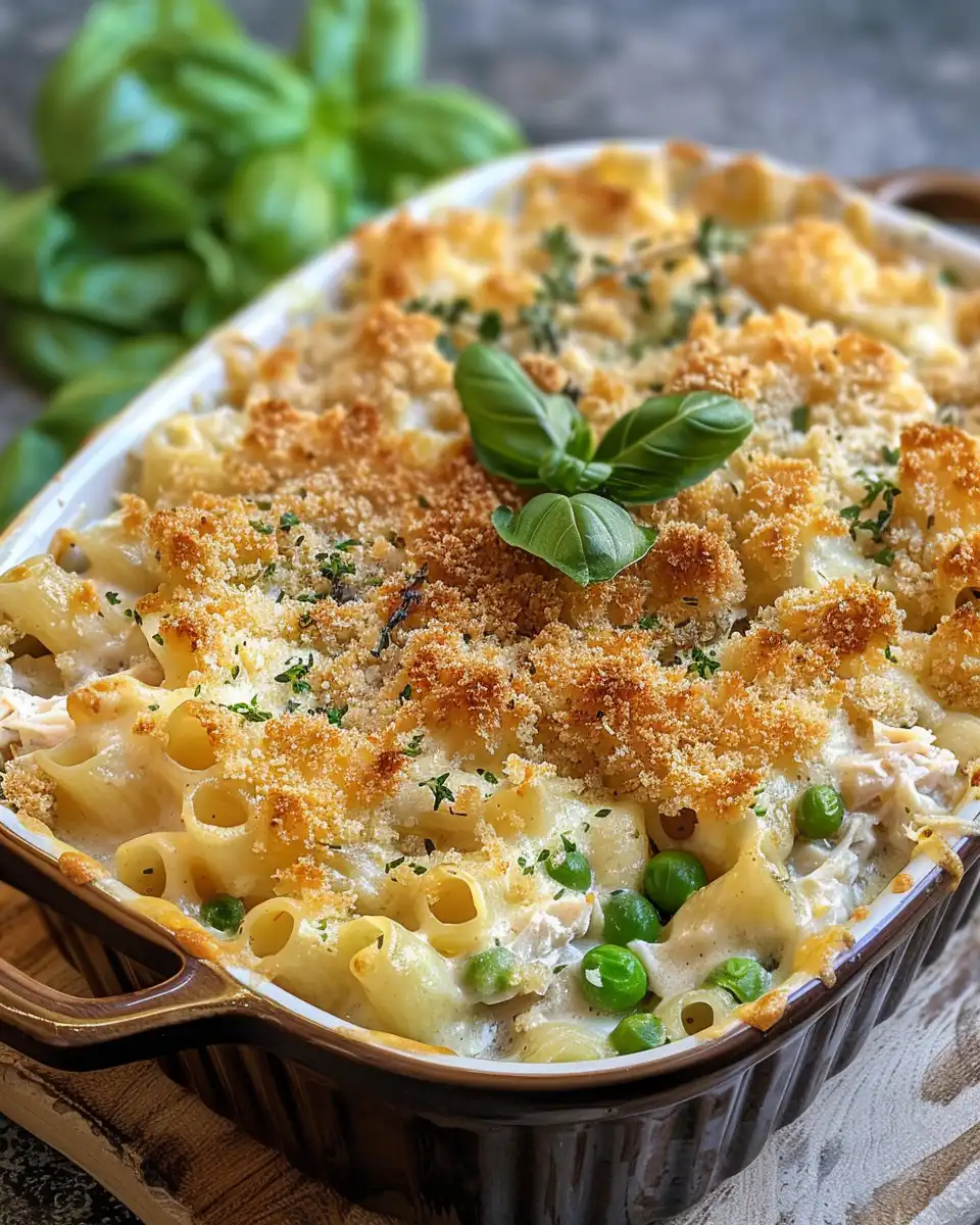 Baked tuna casserole topped with melted cheddar cheese and crushed potato chips