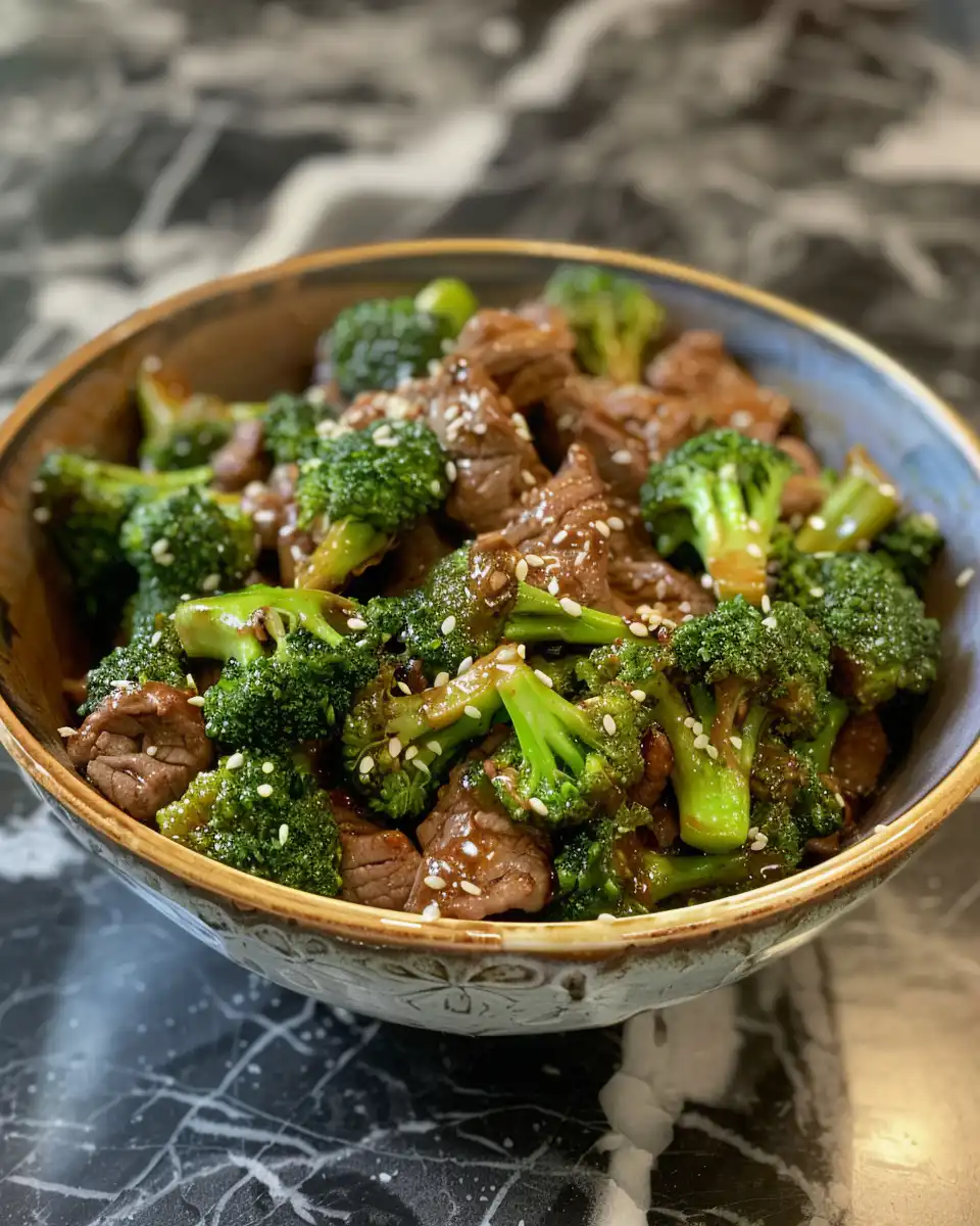 Ingredients laid out for beef and broccoli dish showing fresh broccoli, cut beef, and sauce components