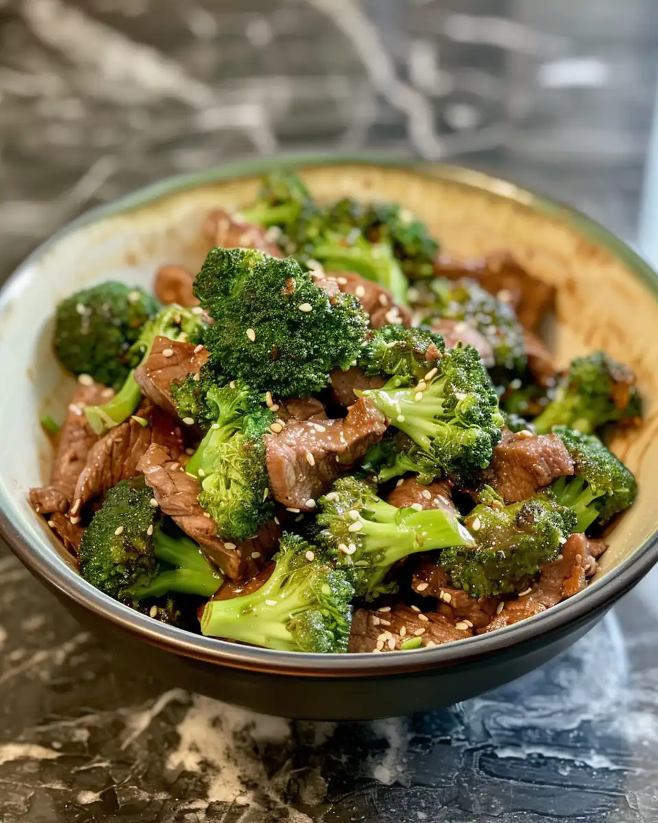 Final presentation of beef and broccoli slow cooked dish served on a plate