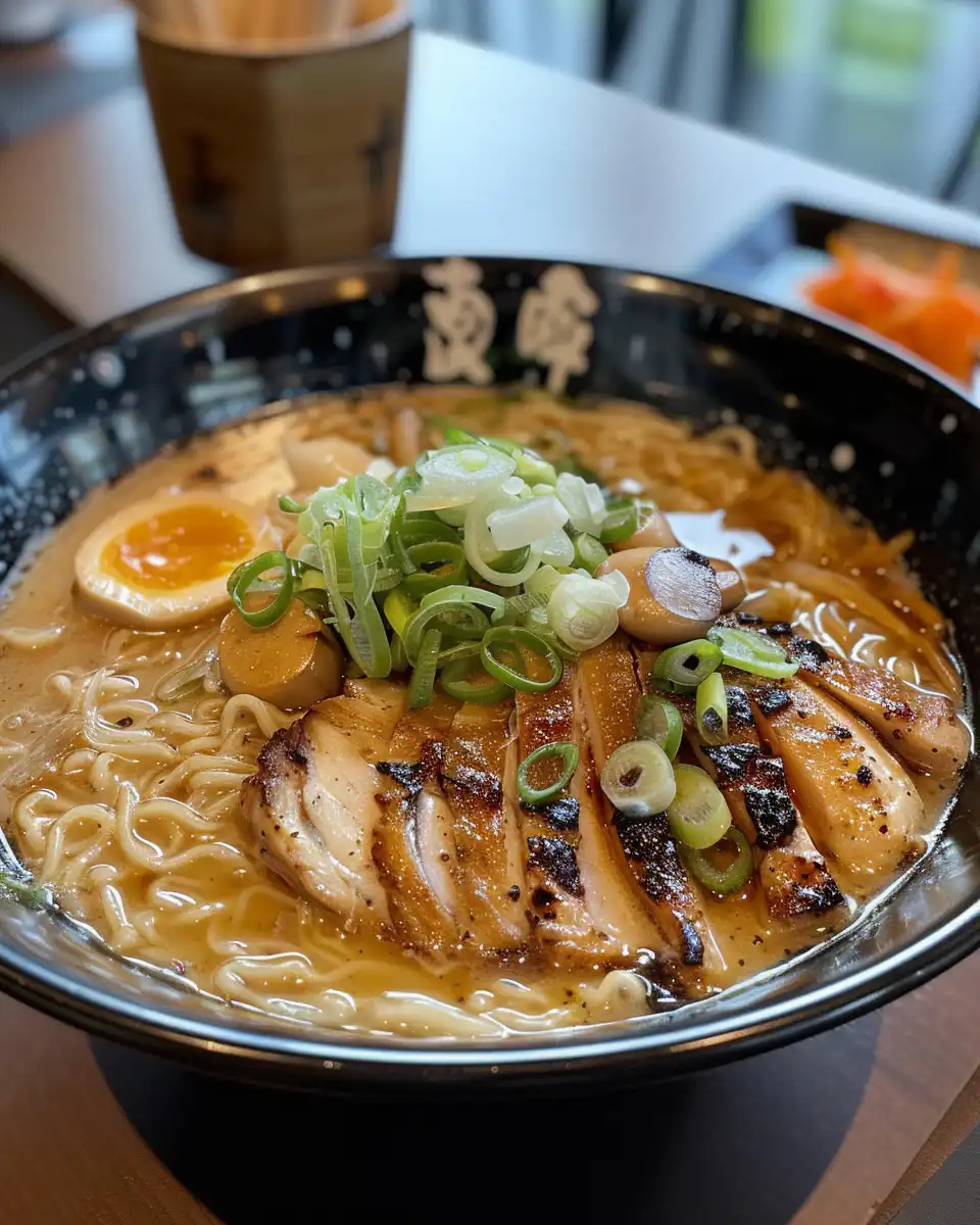 Served pressure cooker chicken ramen bowl with soft boiled eggs and scallions