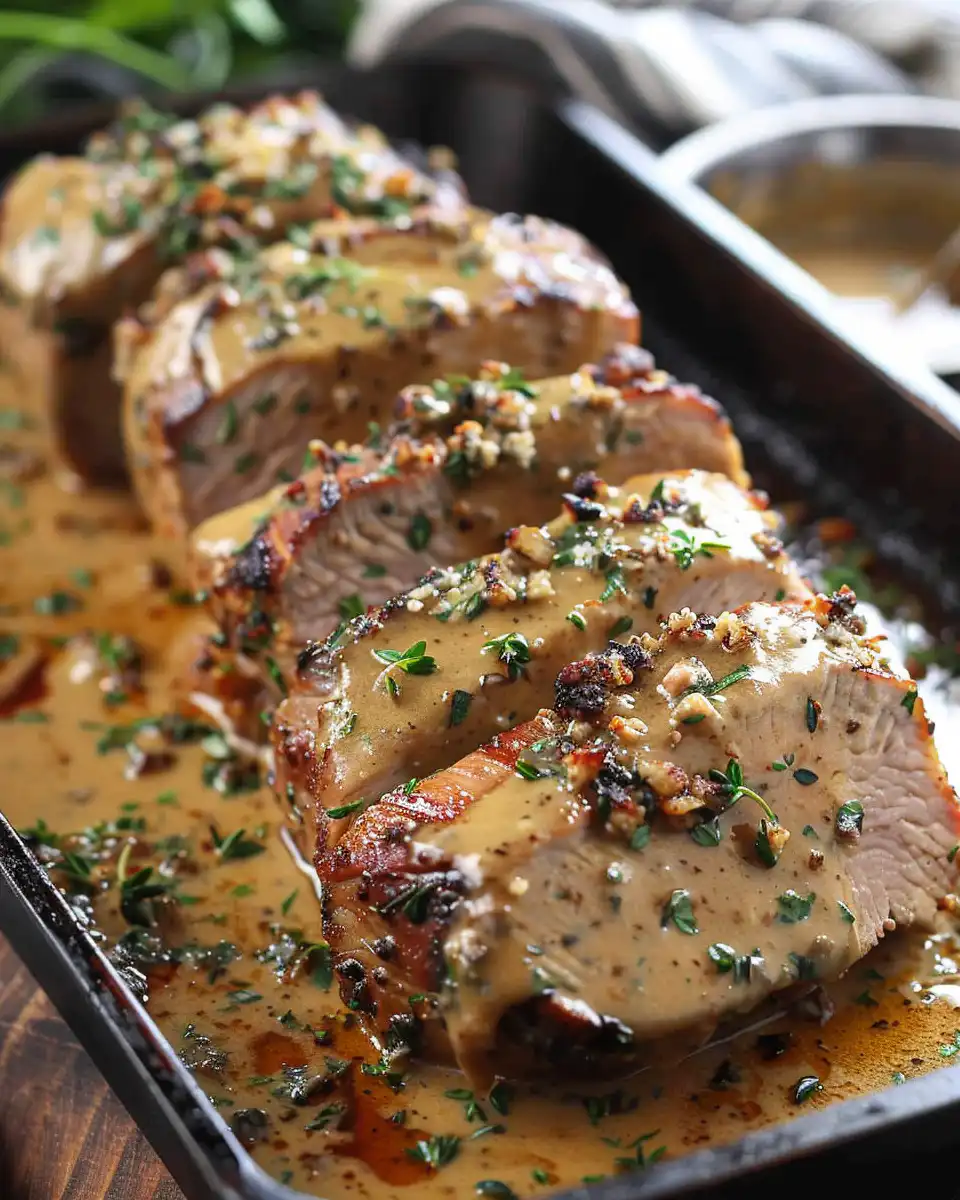 Close up of ingredients including Dijon mustard and fresh herbs for pork tenderloin sauce