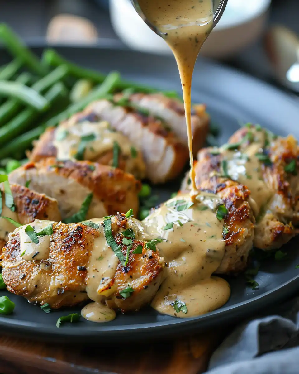 Sliced pork tenderloin plated with creamy mustard sauce and herbs