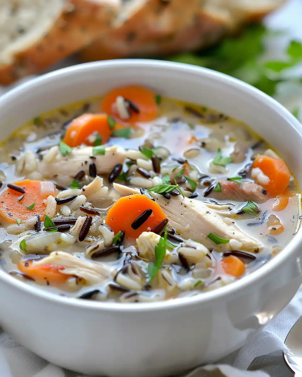 Fresh ingredients for wild rice chicken soup including vegetables and herbs