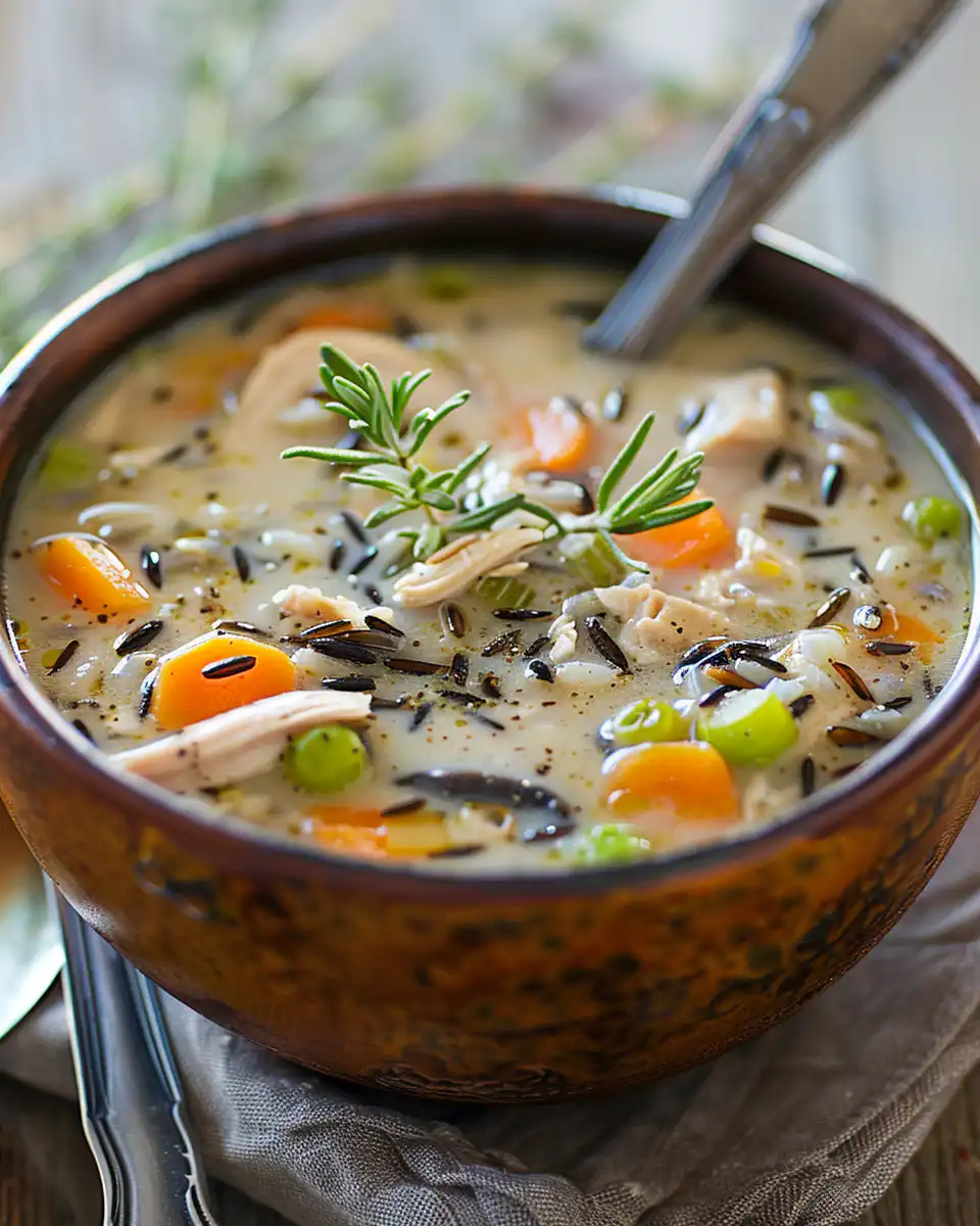 Served wild rice chicken soup in bowl garnished with fresh spinach and herbs