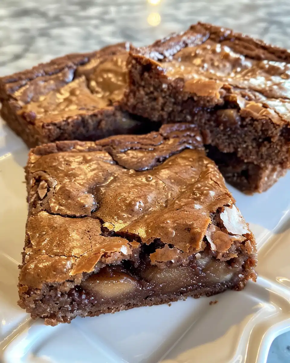 Slice of finished apple brownies showing gooey texture and caramelized apples
