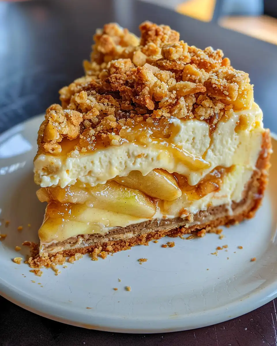 Finished apple crumble cheesecake served on a plate