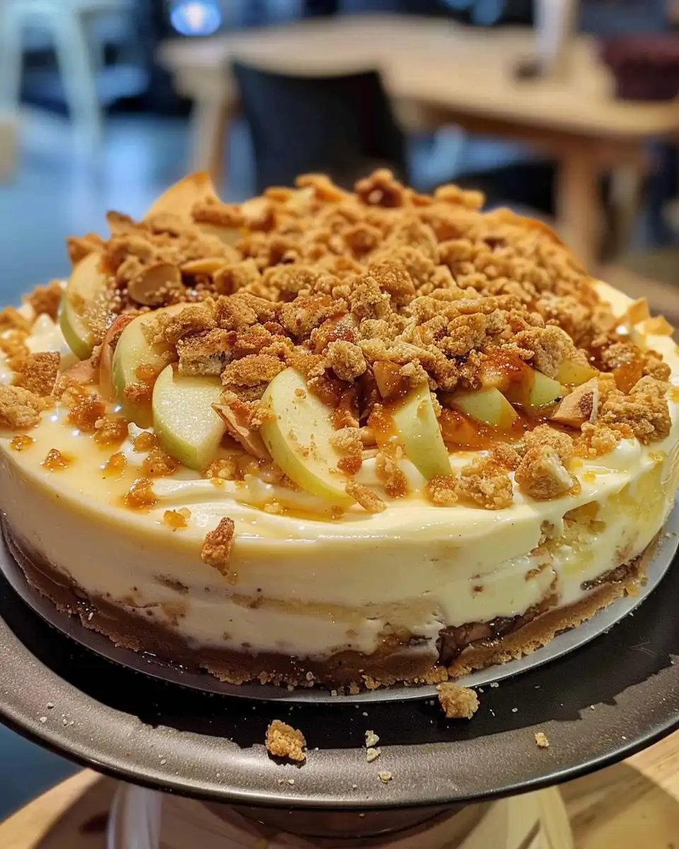 Apple crumble cheesecake fresh out of the pressure cooker with steam rising