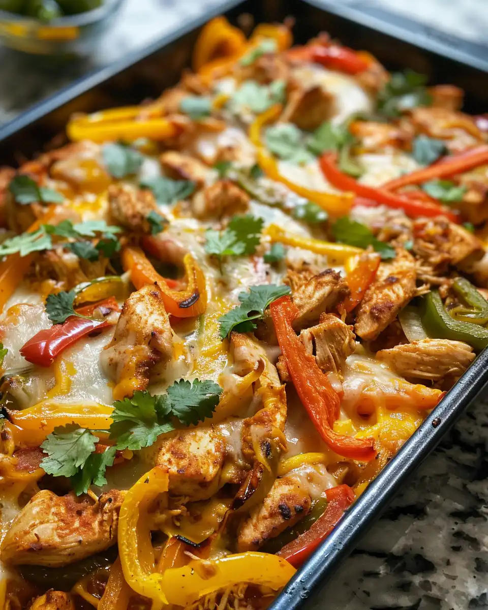 Final baked chicken fajita casserole topped with fresh cilantro and melted cheese