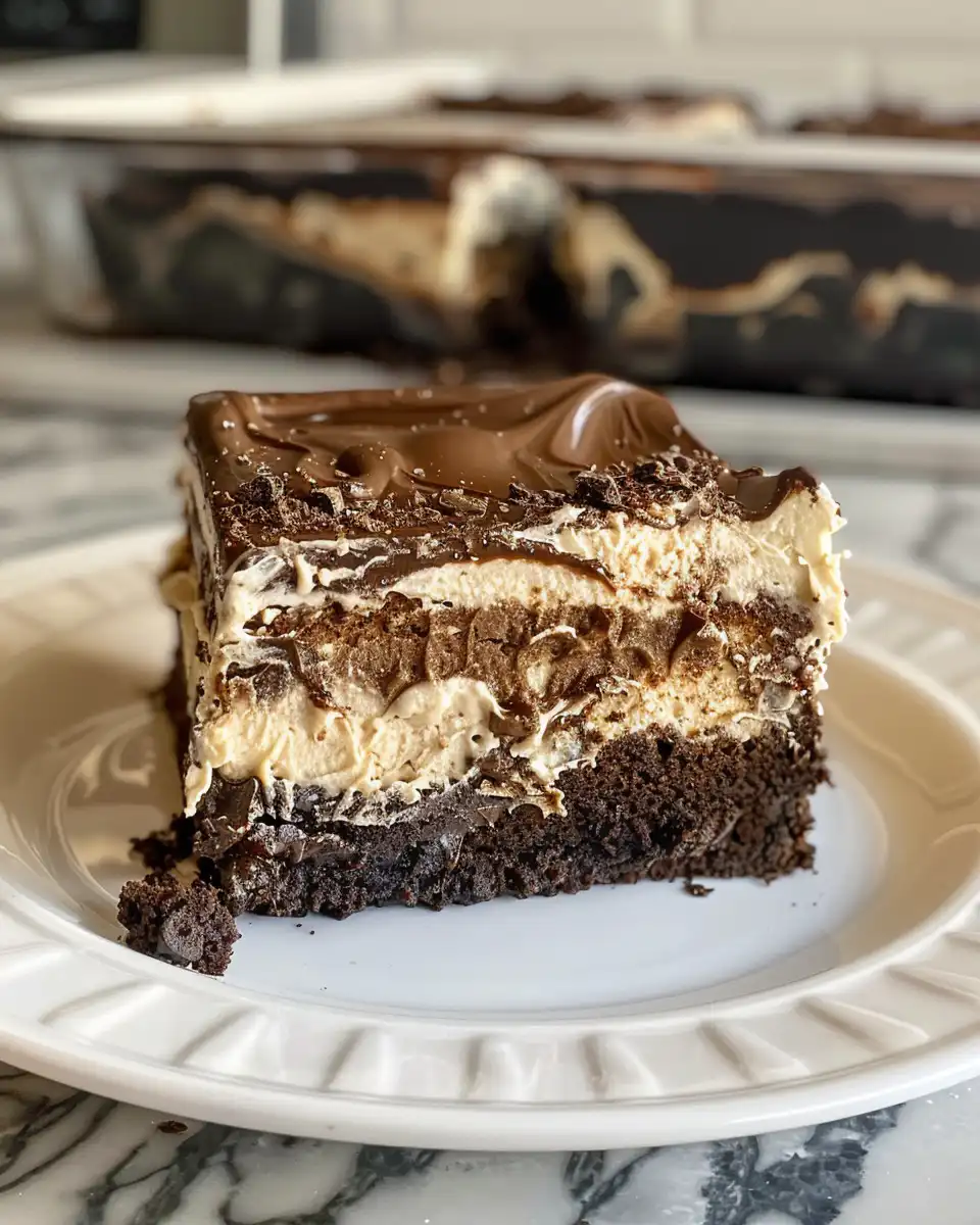 Chilled brownie refrigerator cake topped with Hershey candy and chocolate syrup