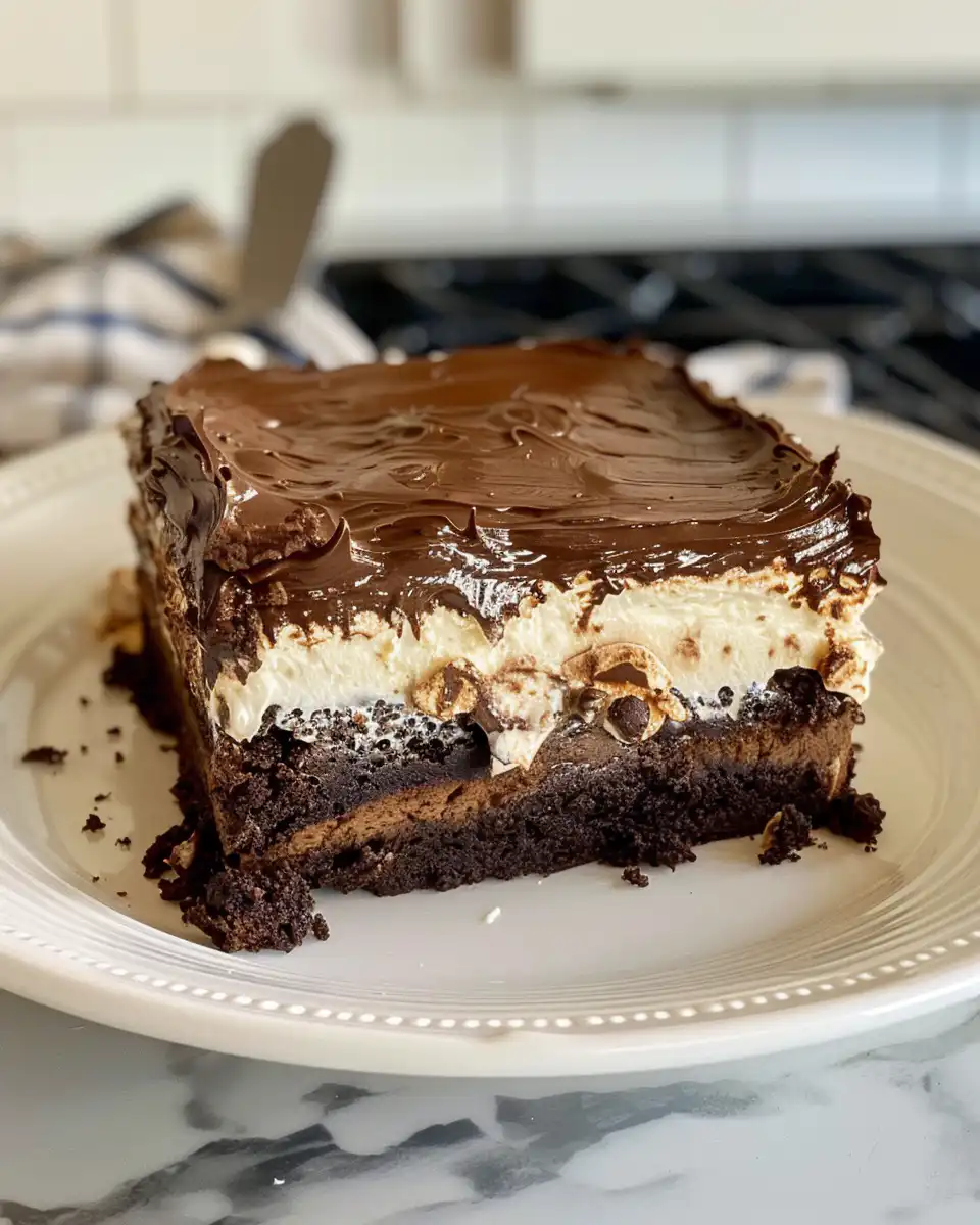 Freshly chilled brownie refrigerator cake with creamy layers