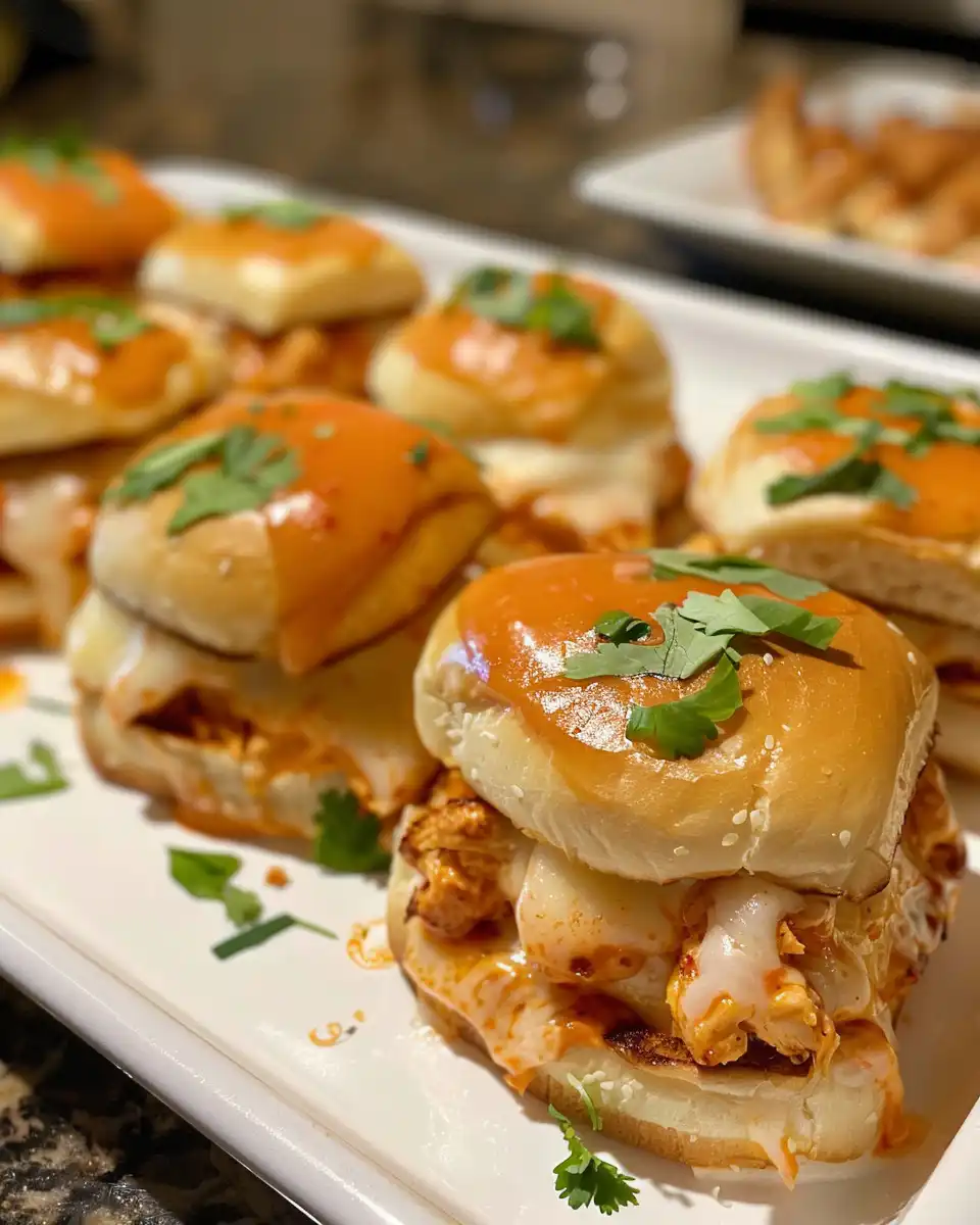 Ingredients for buffalo chicken sliders including shredded chicken, cheese, buns and sauce
