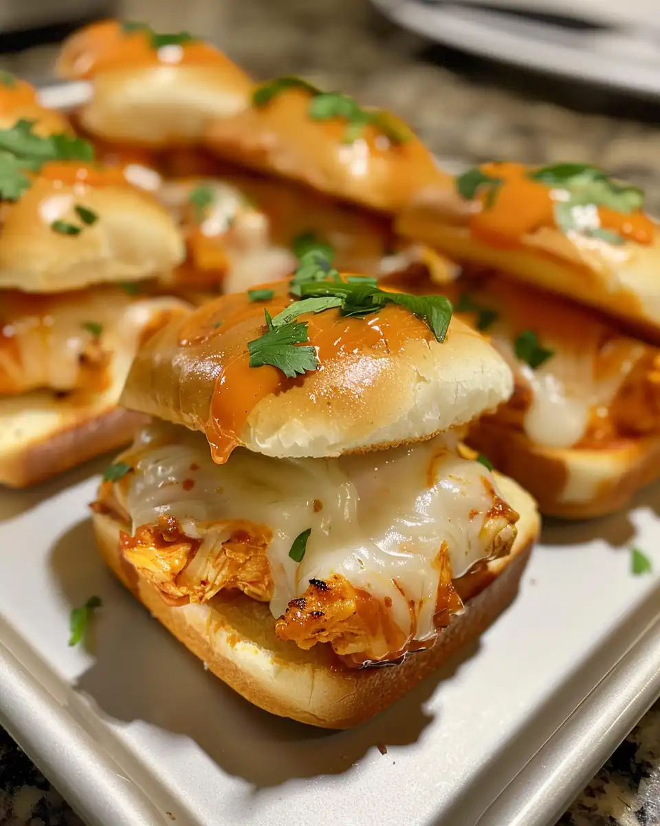 Finished buffalo chicken sliders stacked and ready to eat with melted cheese and ranch