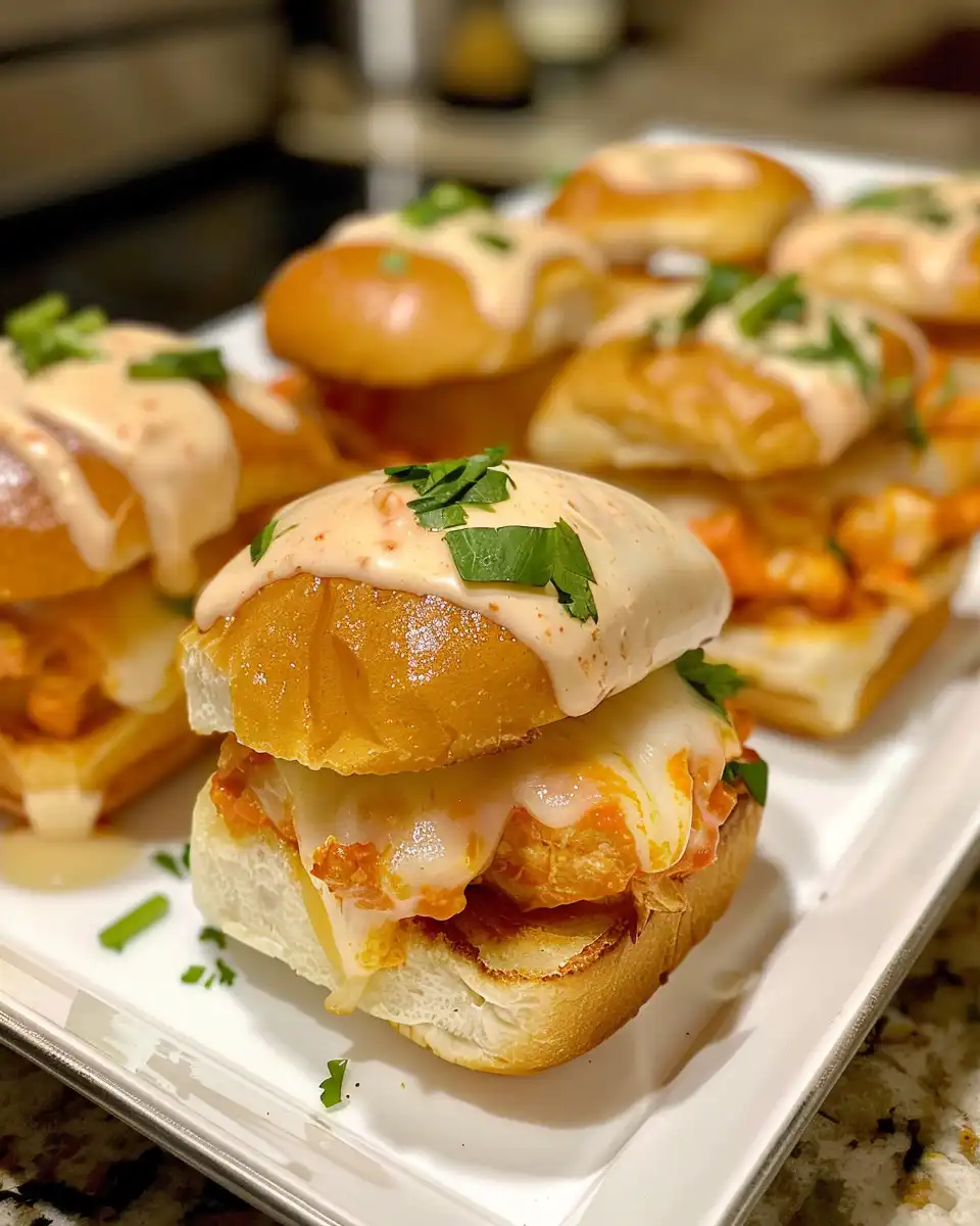 Fresh buffalo chicken sliders with spicy buffalo sauce and melted cheddar