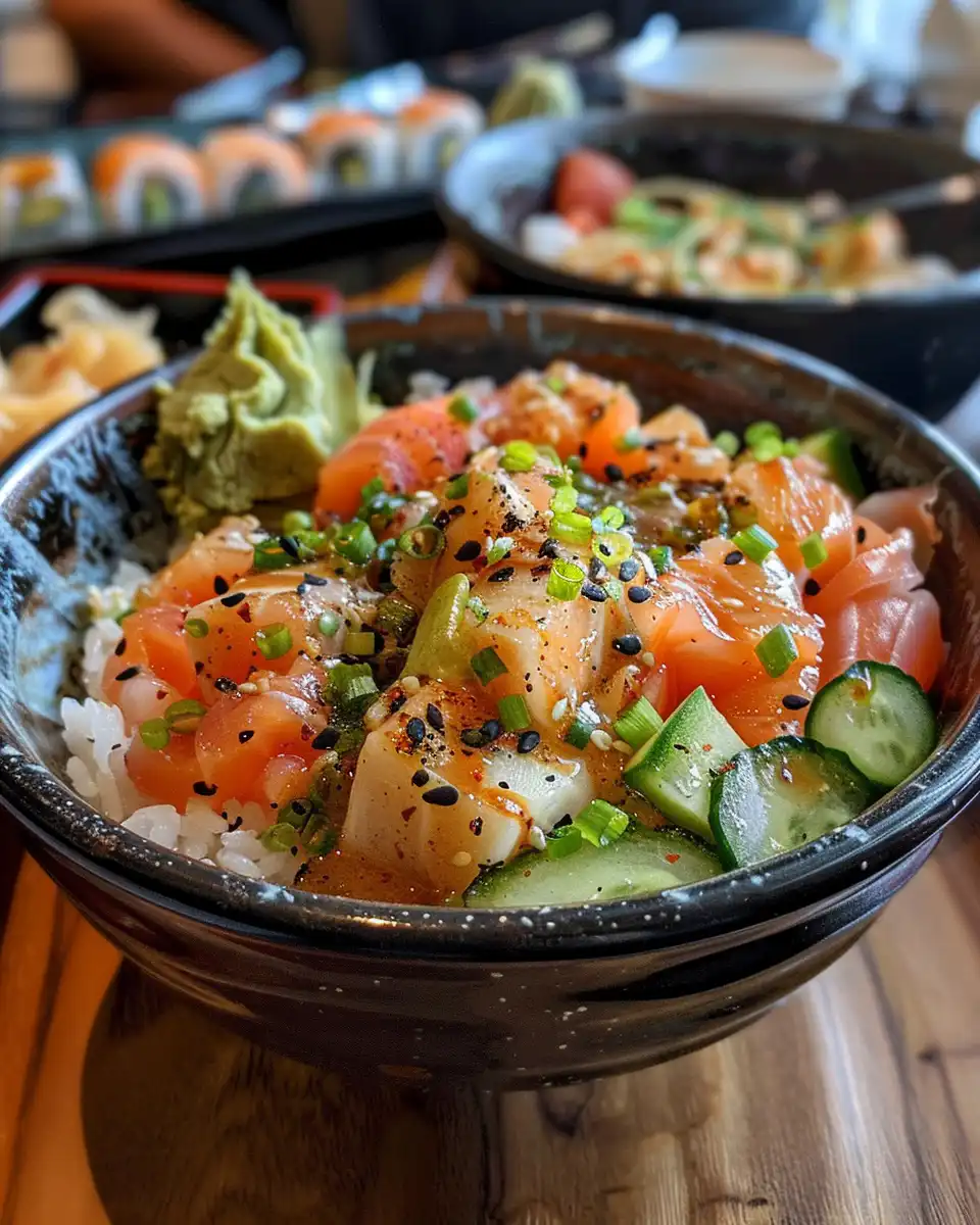 Ingredients for California roll sushi bowl: rice, avocado, crab meat, cucumber, and seaweed