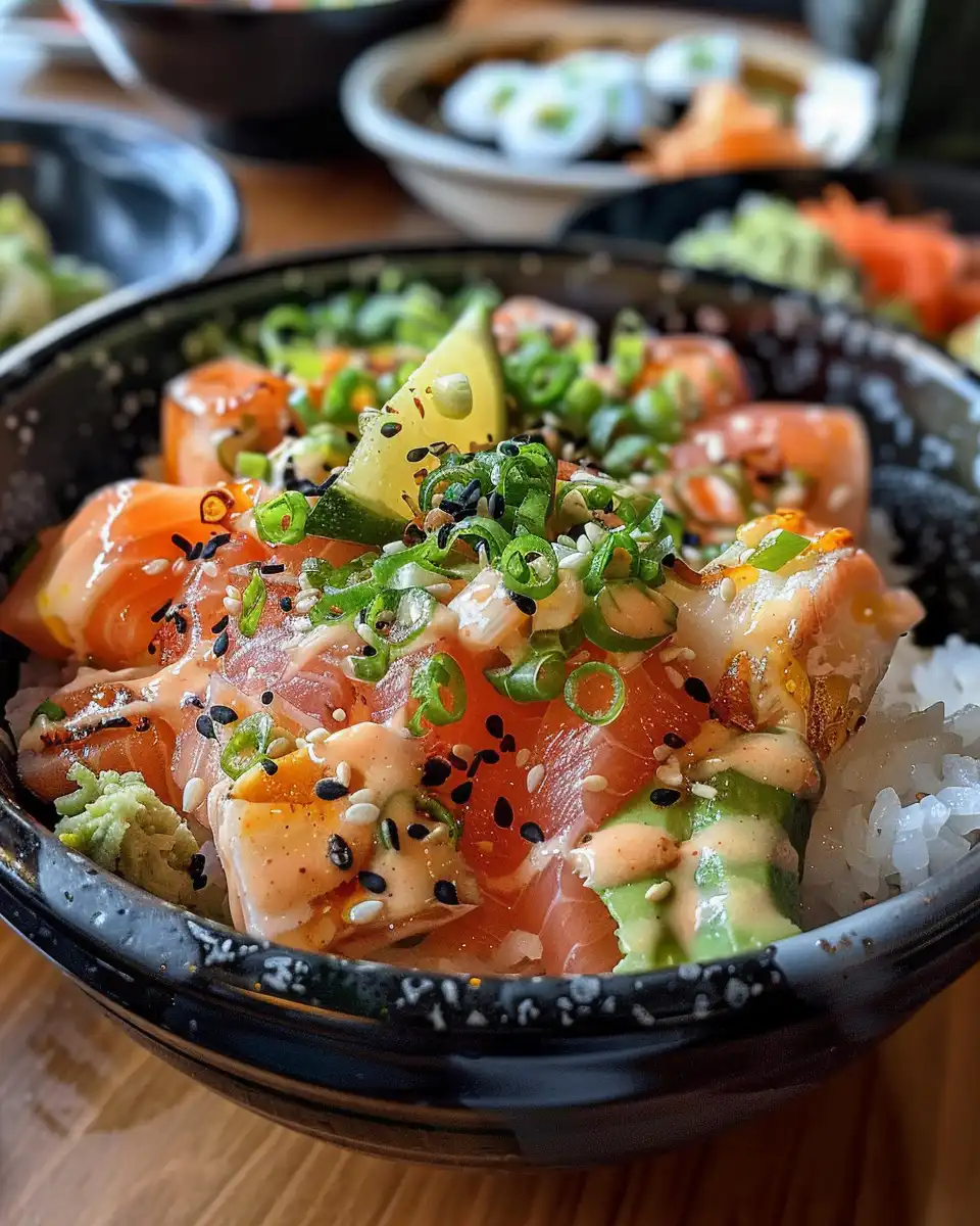 Final California roll sushi bowl ready to serve, topped with spicy mayo and fresh ingredients