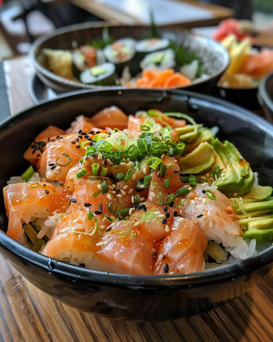 Fresh California roll sushi bowls with creamy and spicy sauce