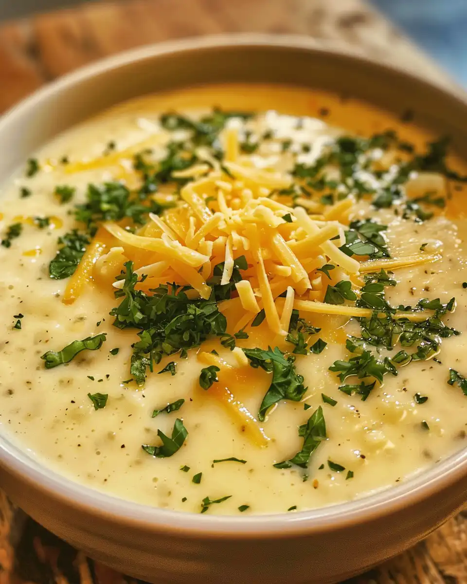 Bowl of finished cheddar garlic herb potato soup ready to serve