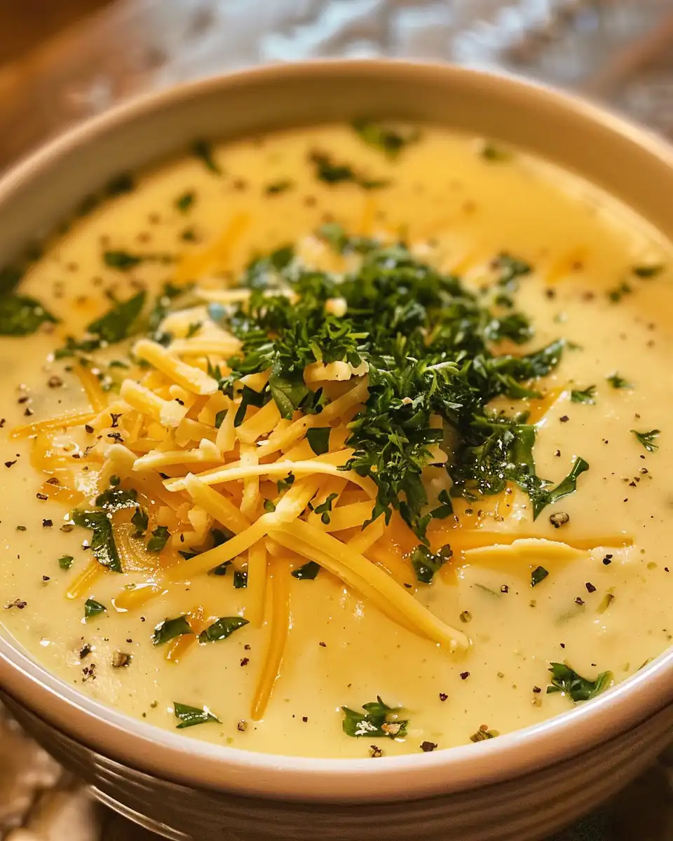 Creamy cheddar garlic herb potato soup in bowl with garnish