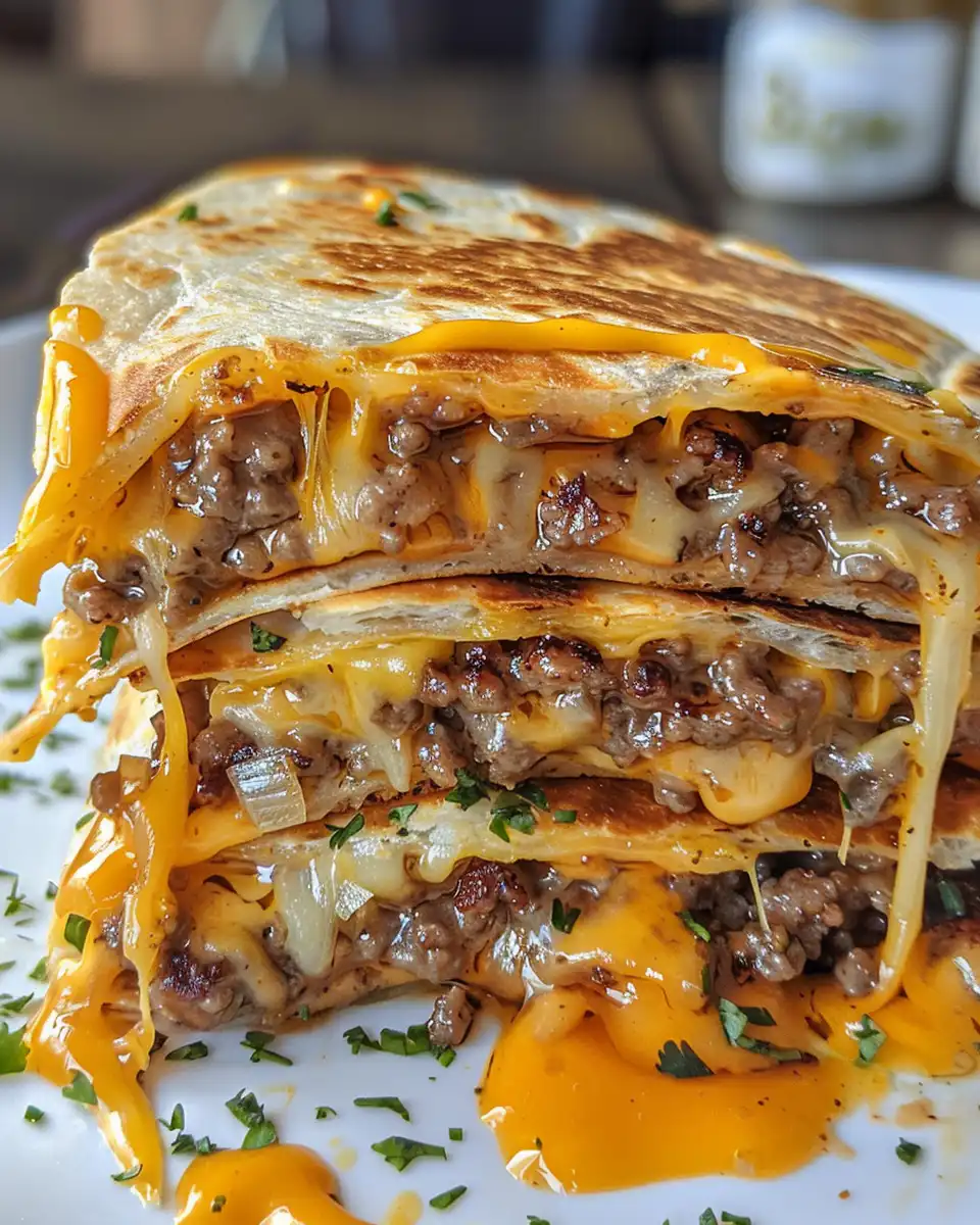 Ingredients for cheeseburger quesadilla including ground beef, chopped bacon, cheddar, and pickles